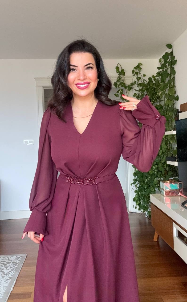 V-NECK MIDI DRESS WITH STONE-EMBELLISHED BELT - BURGUNDY