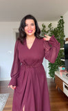 V-NECK MIDI DRESS WITH STONE-EMBELLISHED BELT - BURGUNDY