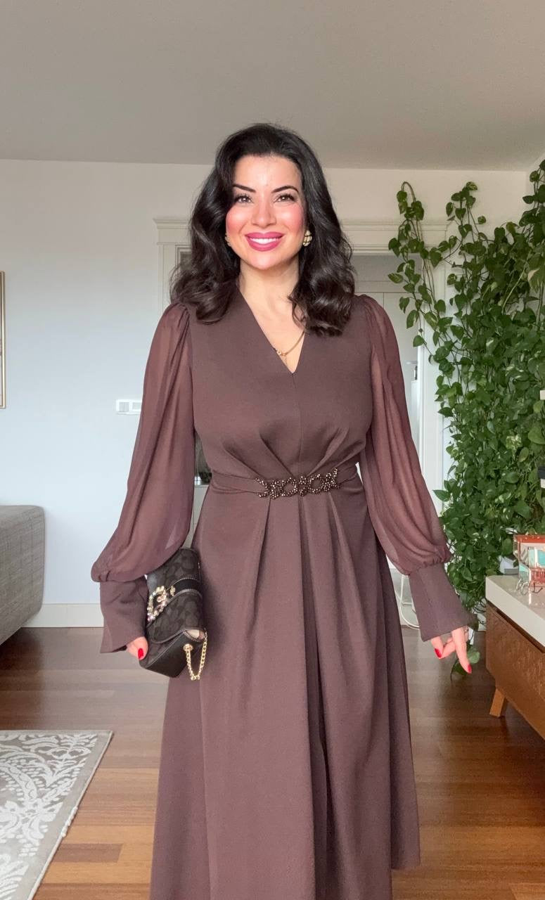 V-NECK MIDI DRESS WITH STONE-EMBELLISHED BELT - BROWN