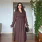 V-NECK MIDI DRESS WITH STONE-EMBELLISHED BELT - BROWN
