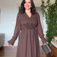 V-NECK MIDI DRESS WITH STONE-EMBELLISHED BELT - BROWN