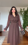V-NECK MIDI DRESS WITH STONE-EMBELLISHED BELT - BROWN