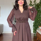 V-NECK MIDI DRESS WITH STONE-EMBELLISHED BELT - BROWN