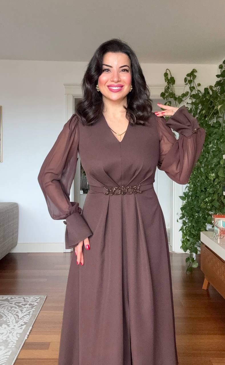 V-NECK MIDI DRESS WITH STONE-EMBELLISHED BELT - BROWN