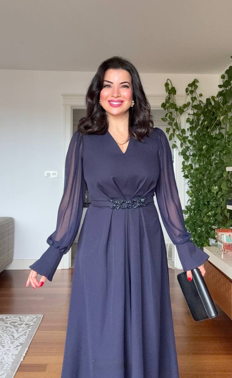 V-NECK MIDI DRESS WITH STONE-EMBELLISHED BELT - NAVY