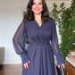 V-NECK MIDI DRESS WITH STONE-EMBELLISHED BELT - NAVY