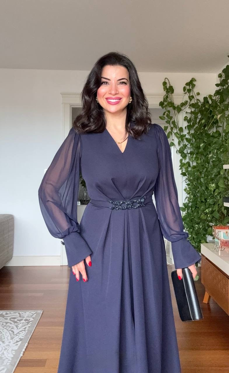 V-NECK MIDI DRESS WITH STONE-EMBELLISHED BELT - NAVY