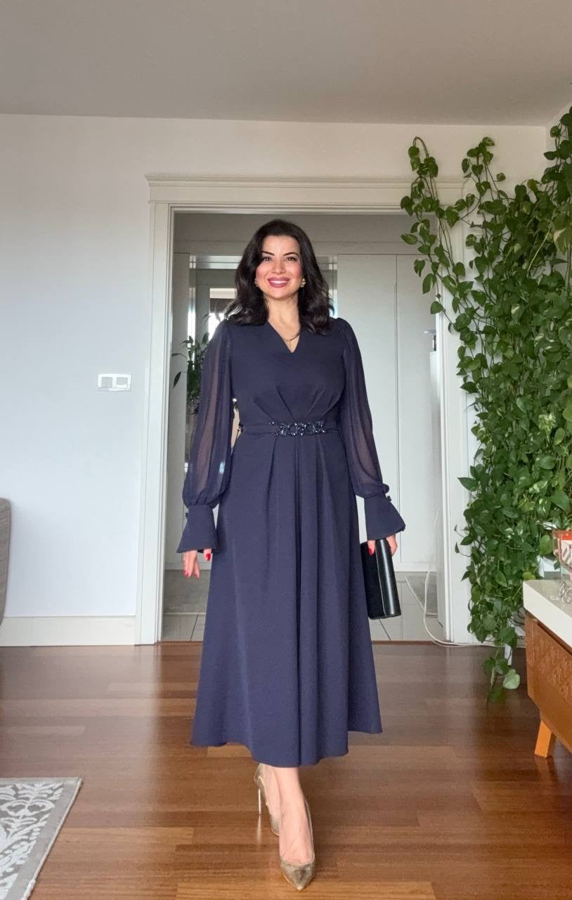 V-NECK MIDI DRESS WITH STONE-EMBELLISHED BELT - NAVY