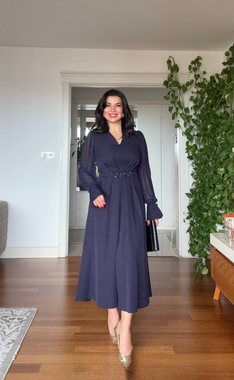 V-NECK MIDI DRESS WITH STONE-EMBELLISHED BELT - NAVY