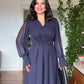 V-NECK MIDI DRESS WITH STONE-EMBELLISHED BELT - NAVY