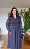 V-NECK MIDI DRESS WITH STONE-EMBELLISHED BELT - NAVY