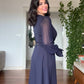 V-NECK MIDI DRESS WITH STONE-EMBELLISHED BELT - NAVY