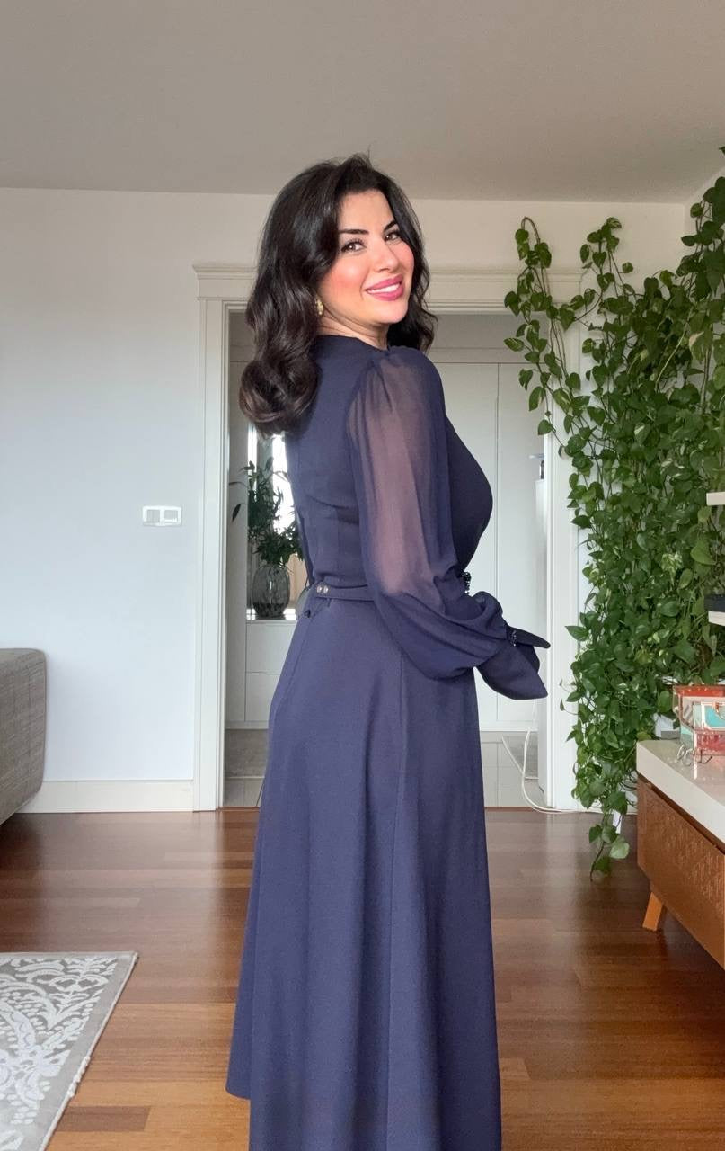 V-NECK MIDI DRESS WITH STONE-EMBELLISHED BELT - NAVY
