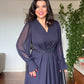 V-NECK MIDI DRESS WITH STONE-EMBELLISHED BELT - NAVY