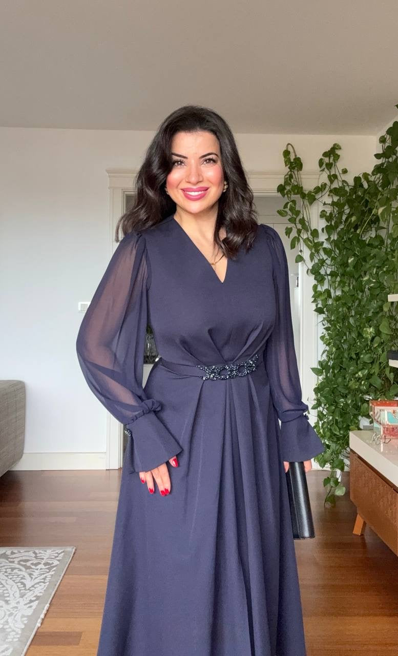 V-NECK MIDI DRESS WITH STONE-EMBELLISHED BELT - NAVY