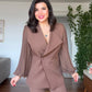 WRAP-STYLE LAPEL PLEATED BALLOON SLEEVE JACKET SET - MOCHA BROWN