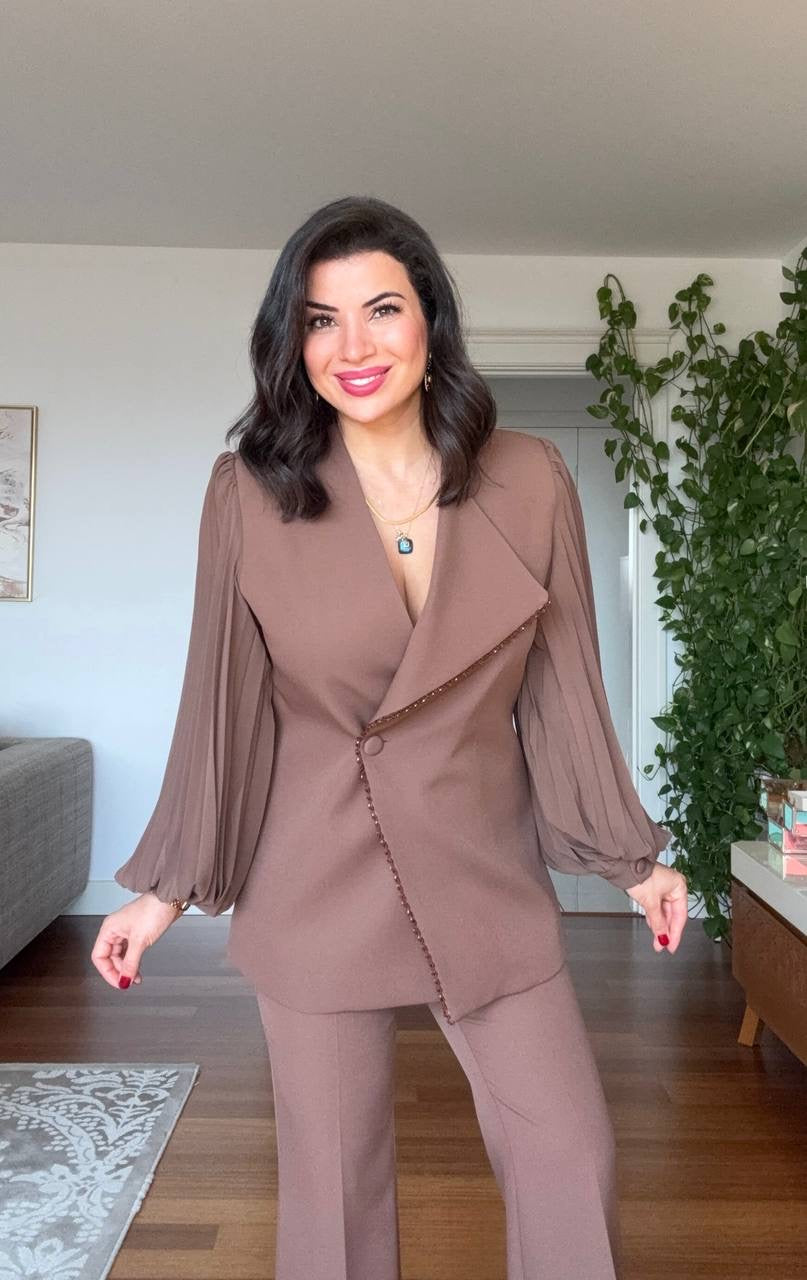 WRAP-STYLE LAPEL PLEATED BALLOON SLEEVE JACKET SET - MOCHA BROWN