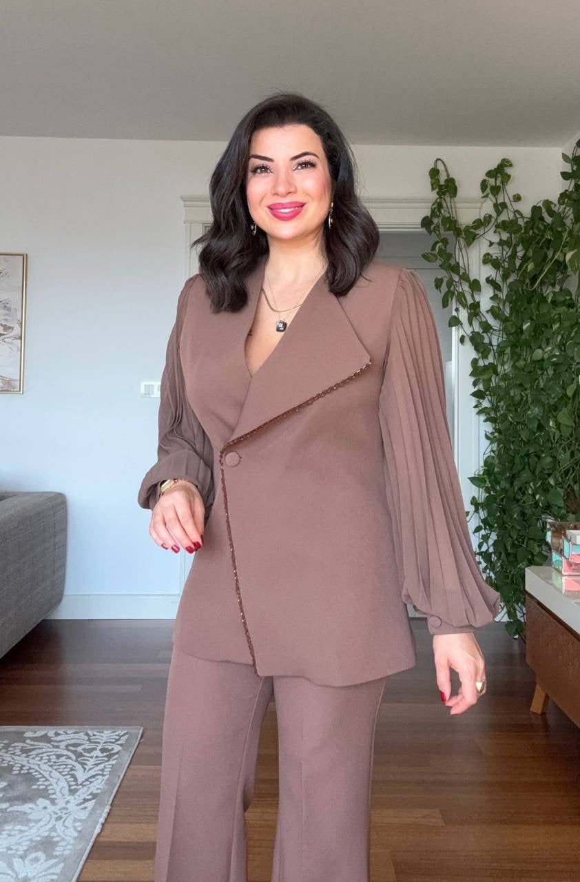 WRAP-STYLE LAPEL PLEATED BALLOON SLEEVE JACKET SET - MOCHA BROWN