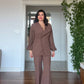 WRAP-STYLE LAPEL PLEATED BALLOON SLEEVE JACKET SET - MOCHA BROWN