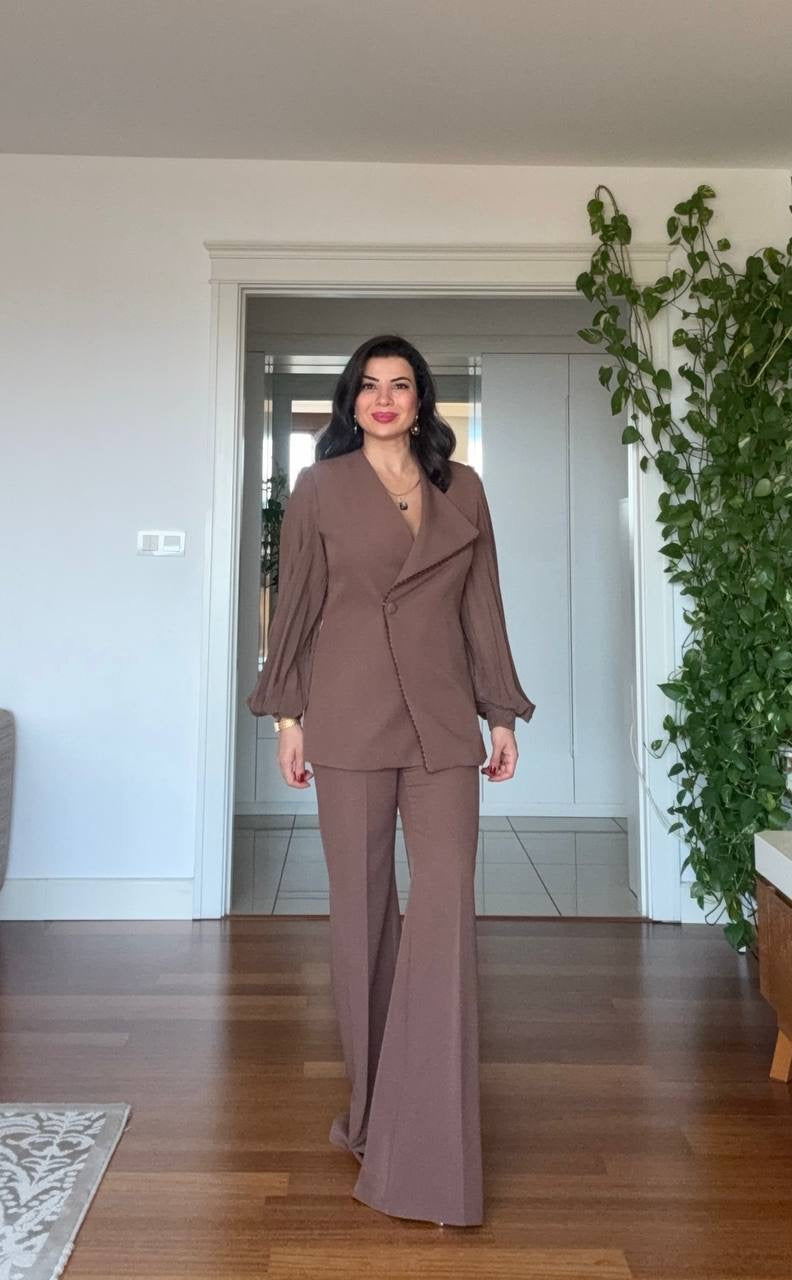 WRAP-STYLE LAPEL PLEATED BALLOON SLEEVE JACKET SET - MOCHA BROWN