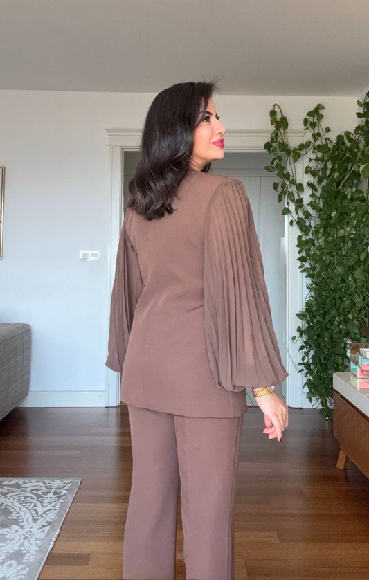 WRAP-STYLE LAPEL PLEATED BALLOON SLEEVE JACKET SET - MOCHA BROWN