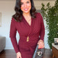 WRAP-STYLE V-NECK LONG-SLEEVE MIDI DRESS WITH DRAPING AND GOLD-TONE ACCENT - BURGUNDY