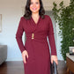 WRAP-STYLE V-NECK LONG-SLEEVE MIDI DRESS WITH DRAPING AND GOLD-TONE ACCENT - BURGUNDY