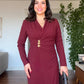 WRAP-STYLE V-NECK LONG-SLEEVE MIDI DRESS WITH DRAPING AND GOLD-TONE ACCENT - BURGUNDY