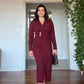 WRAP-STYLE V-NECK LONG-SLEEVE MIDI DRESS WITH DRAPING AND GOLD-TONE ACCENT - BURGUNDY
