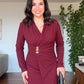 WRAP-STYLE V-NECK LONG-SLEEVE MIDI DRESS WITH DRAPING AND GOLD-TONE ACCENT - BURGUNDY
