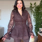 LACE JACKET WITH FLOUNCE CUFFS AND WIDE-LEG TROUSERS TWO-PIECE SET - BROWN