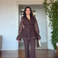 LACE JACKET WITH FLOUNCE CUFFS AND WIDE-LEG TROUSERS TWO-PIECE SET - BROWN