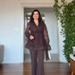 LACE JACKET WITH FLOUNCE CUFFS AND WIDE-LEG TROUSERS TWO-PIECE SET - BROWN
