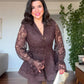 LACE JACKET WITH FLOUNCE CUFFS AND WIDE-LEG TROUSERS TWO-PIECE SET - BROWN