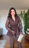 LACE JACKET WITH FLOUNCE CUFFS AND WIDE-LEG TROUSERS TWO-PIECE SET - BROWN