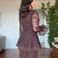 LACE JACKET WITH FLOUNCE CUFFS AND WIDE-LEG TROUSERS TWO-PIECE SET - BROWN