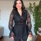 LACE JACKET WITH FLOUNCE CUFFS AND WIDE-LEG TROUSERS TWO-PIECE SET - BLACK