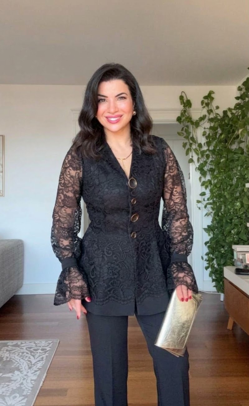 LACE JACKET WITH FLOUNCE CUFFS AND WIDE-LEG TROUSERS TWO-PIECE SET - BLACK
