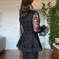 LACE JACKET WITH FLOUNCE CUFFS AND WIDE-LEG TROUSERS TWO-PIECE SET - BLACK