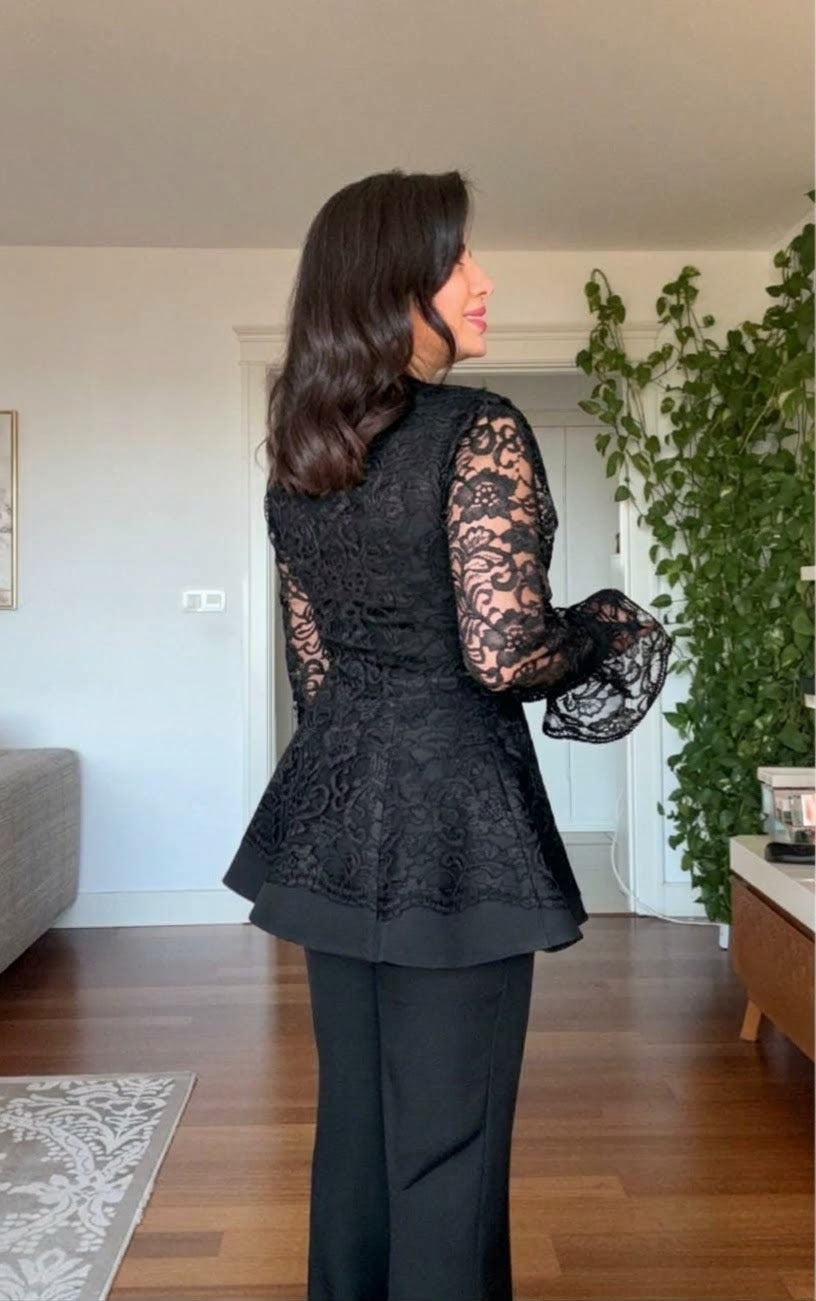 LACE JACKET WITH FLOUNCE CUFFS AND WIDE-LEG TROUSERS TWO-PIECE SET - BLACK