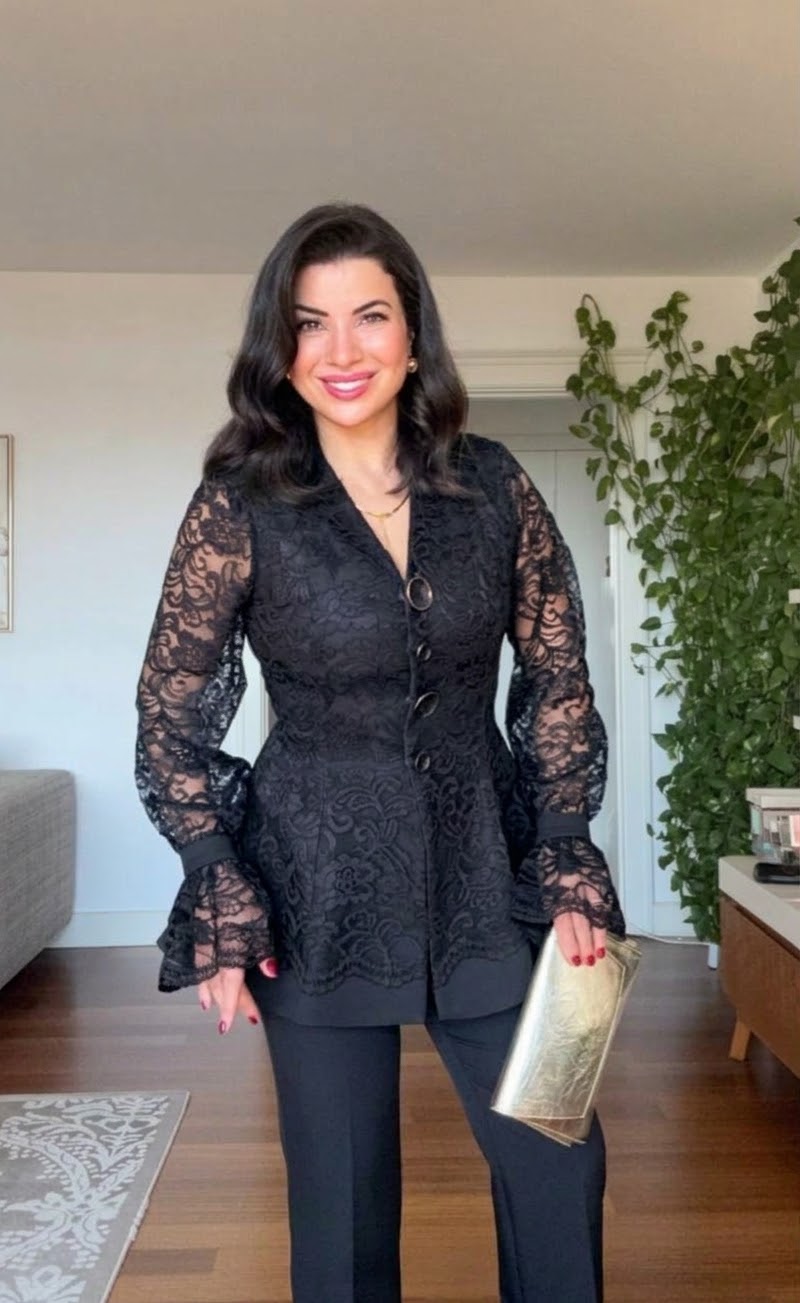 LACE JACKET WITH FLOUNCE CUFFS AND WIDE-LEG TROUSERS TWO-PIECE SET - BLACK