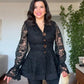 LACE JACKET WITH FLOUNCE CUFFS AND WIDE-LEG TROUSERS TWO-PIECE SET - BLACK