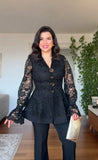 LACE JACKET WITH FLOUNCE CUFFS AND WIDE-LEG TROUSERS TWO-PIECE SET - BLACK
