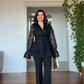 LACE JACKET WITH FLOUNCE CUFFS AND WIDE-LEG TROUSERS TWO-PIECE SET - BLACK