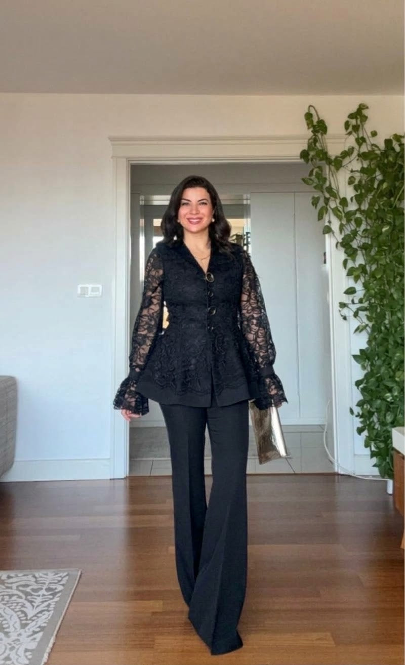 LACE JACKET WITH FLOUNCE CUFFS AND WIDE-LEG TROUSERS TWO-PIECE SET - BLACK