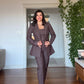 BUTTON-DETAIL BLAZER, STRAPLESS TOP AND TROUSERS THREE-PIECE SET - BROWN
