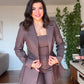 BUTTON-DETAIL BLAZER, STRAPLESS TOP AND TROUSERS THREE-PIECE SET - BROWN