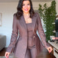 BUTTON-DETAIL BLAZER, STRAPLESS TOP AND TROUSERS THREE-PIECE SET - BROWN