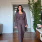 BUTTON-DETAIL BLAZER, STRAPLESS TOP AND TROUSERS THREE-PIECE SET - BROWN