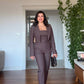 BUTTON-DETAIL BLAZER, STRAPLESS TOP AND TROUSERS THREE-PIECE SET - BROWN